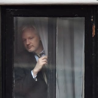 WikiLeaks-Gründer Julian Assange steht an einem Fenster der ecuadorianischen Botschaft.