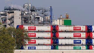 Hinter einem Hafensteg am Rhein stehen auf dem Werksgelände des Chemiekonzerns BASF Behälter mit der Aufschrift "BASF".