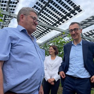 Cem Özdemir läuft durch die Rebzeilen und betrachtet die Vino-PV-Anlage am Tuniberg in Freiburg. Neben ihm steht Projektinitiator Edgar Gimbel, der die innovative Anlage umgesetzt hat. 