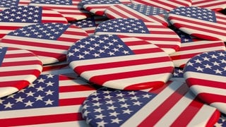 Close-up US badges with the national flag of the United States. Badges for US election, social or political campaigns. 