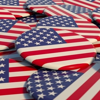 Close-up US badges with the national flag of the United States. Badges for US election, social or political campaigns. 