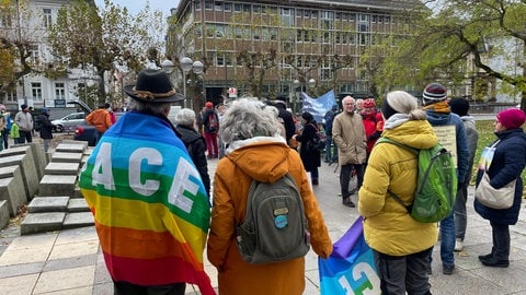 Teilnehmer der Friedensdemonstration in Heidelberg halten Plakate mit der Aufschrift "PEACE" in den Händen