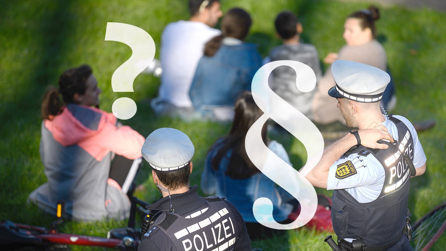 Symbolbild zum Corona-Quiz Baden-Württemberg: Was ist erlaubt und was nicht? Parkbesucher bei Polizeikontrolle davor Wasserzeichen mit 