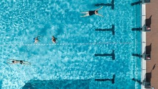 Mehrere Menschen schwimmen in einem Schwimmbecken, das von oben aufgenommen ist