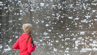 Stuttgart: Eine Frau joggt vor der Eisfläche des Eckensees entlang
