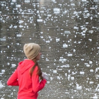 Stuttgart: Eine Frau joggt vor der Eisfläche des Eckensees entlang