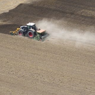Ein Landwirt bearbeitet mit seinem Traktor ein ausgetrocknetes Feld und zieht eine Staubwolke hinter sich her.