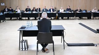 Thomas Strobl (M, CDU), Innenminister von Baden-Württemberg, spricht im Medienzentrum im Landtag bei einer Befragung im Landtags-Untersuchungsausschuss