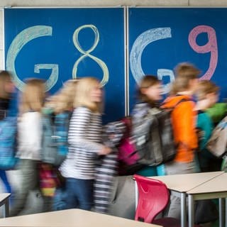 An einer Tafel in einem Gymnasium steht "G8" und "G9" geschrieben.