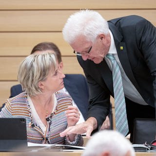 Ministerpräsident Winfried Kretschmann (Grüne) und  Wirtschaftsministerin Nicole Hoffmeister-Kraut (CDU) reden bei einer Plenarsitzung des Landtags miteinander.