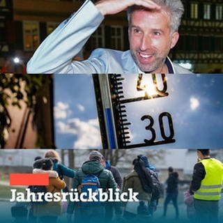 Collage Jahresrückblick 2022: Feldbetten für Geflüchtete, wiedergewählter OB Boris Palmer und Hitzeschäden