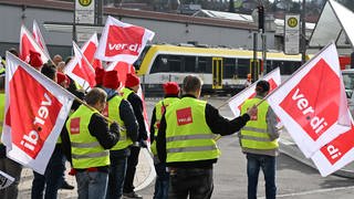 Mitarbeiter der Südwestdeutschen Landesverkehrs GmbH (SWEG) stehen bei einer Kundgebung im Rahmen eines Warnstreiks auf vor dem Bahnhof in Gammertingen.