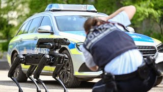 Ein Polizistin fotografiert während eines Pressetermins einen Laufroboter, der neben einem Streifenwagen steht. Nach guten Erfahrungen aus Nordrhein-Westfalen hat sich Baden-Württembergs Polizei einen sogenannten Laufroboter vom Typ "Spot" des amerikanischen Firma Boston Dynamic angeschafft.