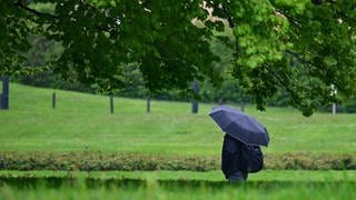 Ein Mann geht mit einem Regenschirm in Stuttgart bei Regenwetter durch den Schlosspark.