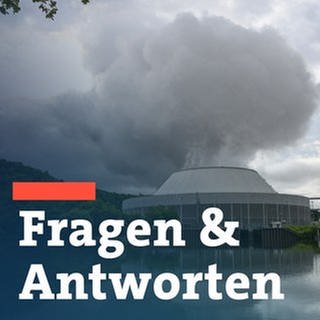 Im Vordergrund steht: Fragen und Antworten. Im Hintergrund ist das Atomkraftwerk Neckarwestheim zu sehen.