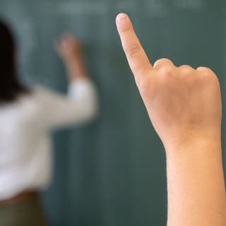 Ein Schüler meldet sich, während die Lehrerin an die Tafel schreibt. 