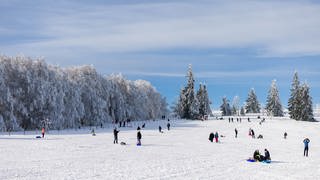 Wintersportler stehen auf einer Piste auf dem Kandel. Nach einer längeren Wärmephase rund um Weihnachten und Neujahr liegt derzeit wieder Schnee auf den Höhenzügen des Schwarzwalds.