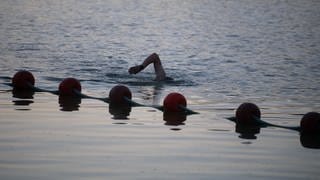 Ein Mann schwimmt am frühen Morgen in einem Badesee.