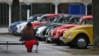 VW Käfer und Citroën 2CV stehen vor Beginn der Feierlichkeiten zum 75-jährigen Bestehen des Deutsch-Französischen Institutes vor dem Forum am Schlosspark.