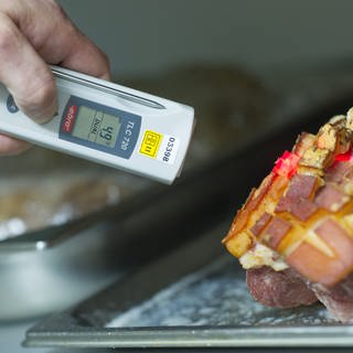 Ein Lebensmittelkontrolleur der Stadt Mannheim überprüft am bei einer Betriebskontrolle die Temperatur einer Fleischware.