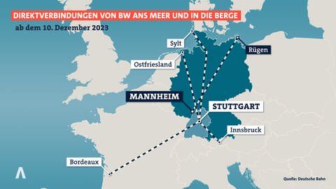 Neue Fernverkehrsverbindungen für BW ab 10. Dezember 2023: Stuttgart - Innsbruck, Stuttgart - Bordeaux, Stuttgart - Ostfriesland, Stuttgart - Sylt und Mannheim - Rügen