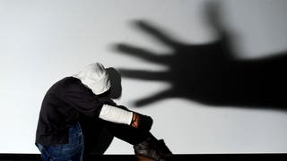 Ein Mädchen sitzt am Mittwoch (14.09.2011) vor einer Wand, auf der der Schatten einer Hand groß zu sehen ist