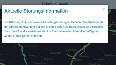 Ulm: Ein Screenshot der Stadtwerke Ulm. Sie informieren darüber, dass bis Betriebsschluss keine Straßenbahnen mehr fahren. Ein Lkw hatte eine Oberleitung abgerissen.