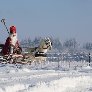 Ein als Nikolaus verkleideter Mann ist in Bad Saulgau (Kreis Sigmaringen) mit einer von einem Pony gezogenen Kutsche am ersten Advent zu einer Nikolausfeier unterwegs. 