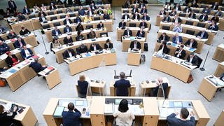 Abgeordnete des Landtags von Baden-Württemberg sitzen bei einer Debatte im Plenarsaal.
