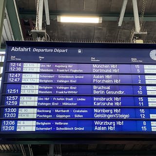 Die Anzeigentafel am Stuttgarter Hauptbahnhof zeigt Verspätungen von Zügen wegen des Sturms an.