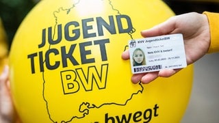 Ein "JugendticketBW" wird bei einem Pressetermin im Straßenbahnmuseum vor einen passenden Ballon gehalten.