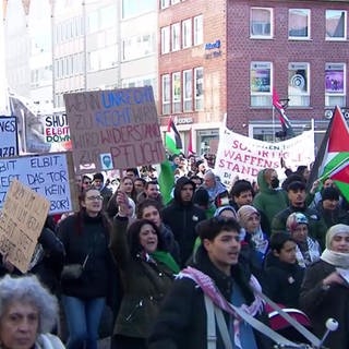 Viele Demonstranten mit Schildern gegen Israel