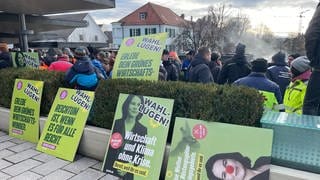 Protestplakate gegen die Grünen liegen am Rande der Demonstration im baden-württembergischen Biberach auf dem Boden oder sind an eine Hecke gelehnt.