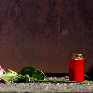 Rose und Kerze am Denkmal für die Amok-Opfer in Winnenden
