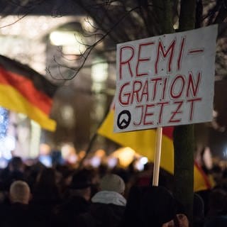 Mitglieder der "Identitären Bewegung" bei einer Mahnwache rechter Gruppen mit einem Schild "Remigration jetzt" vor dem Bundeskanzleramt (Archivbild)