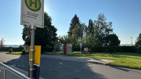 Im Vordergrund das Schild einer Haltestelle in Dellmensingen. Im Hintergrund die gegenüberliegende Haltestelle samt Wartehäuschen. In Dellmensingen hält der Bus an vier verschiedenen Orten. Fällt die Linie 12 weg, ist der Erbacher Teilort vom ÖPNV größtenteils abgeschnitten.