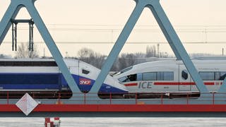 Ein TGV und ein ICE (r) stehen sich auf einer Brücke gegenüber.