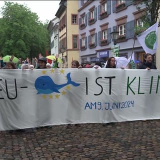 Klimademonstranten tragen gemeinsam einen großen Banner mit der Aufschrift: EU-Wahl ist Klimawahl!