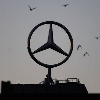 Vögel fliegen um einen Mercedes-Stern, der auf einem Gebäude im Werk Untertürkheim des Autobauers Mercedes-Benz angebracht ist.