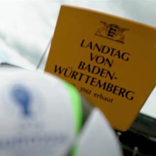Schild des Landtags Baden Württemberg mit einem Fußball davor