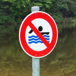 Ein Schild "Baden verboten" ist an einem See aufgestellt.