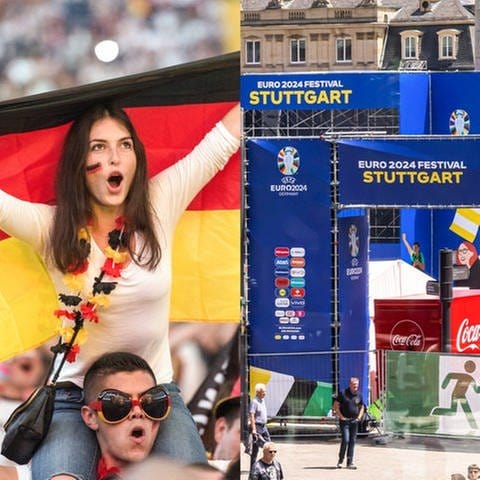 Montage: Eine Frau mit einer Deutschland-Fahne in der Menge, rechts im Bild: Die Fanzone in Stuttgart zur EM 2024