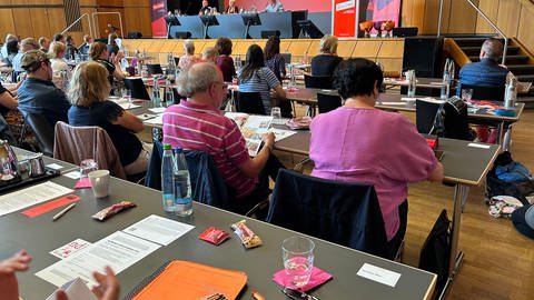 Delegierte der Partei Die Linke sitzen bei ihrem baden-württembergischen Landesparteitag in der Filderhalle in Leinfelden-Echterdingen (Kreis Esslingen). 