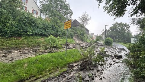 Erde und Geröll sind auf eine Straße gerutscht. Im Bodenseekreis und im Landkreis Ravensburg sind nach Polizeiangaben mehrere Straßen nach einem heftigen Unwetter überflutet worden und örtlich einige Keller vollgelaufen.
