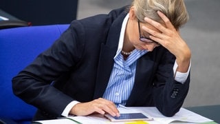 Alice Weidel sitzt im Bundestag tippend an ihrem Handy.