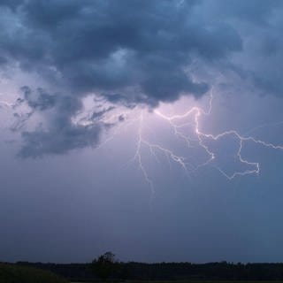 Ein Blitz zuckt bei einem Sommergewitter am abendlichen Himmel (Symbolbild)