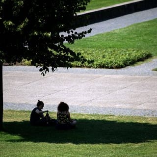 Zwei Personen sitzen in der Innenstadt von Stuttgart im Schatten unter einem Baum.