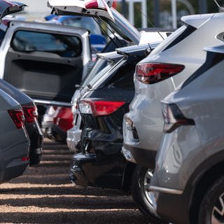 Neuwagen und Gebrauchtwagen stehen bei einem Autohändler nebeneinander. 