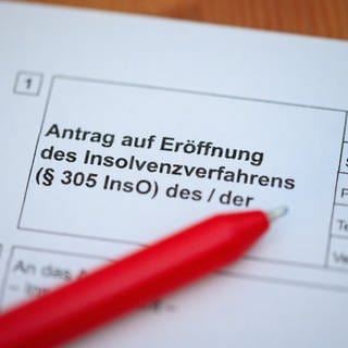 Ein Kugelschreiber liegt auf einem Antrag zur Eröffnung eines Insolvenzverfahrens. Die Zahl der Insolvenzen hat im ersten Halbjahr 2024 stark zugenommen.