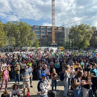 Teilnehmende der Fridays for Future Demonstration auf dem Platz der alten Synagoge in Freiburg am Freitag. Die Klimabewegung hatte zu bundesweiten Streiks aufgerufen.